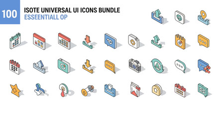 Fototapete - Isometric illustration of a collection of one hundred universal user interface icons, featuring various symbols for upload, download, calendar, chart, camera...