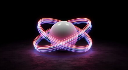 Poster - Abstract sphere with neon light trails swirling around it, creating a modern and eye-catching display.