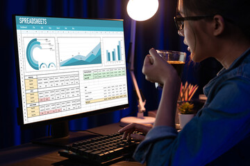 Fototapete - Spreadsheet document information financial startup concept. data and graphs in spreadsheet documents for online analysis project dashboard accounting digital brisk