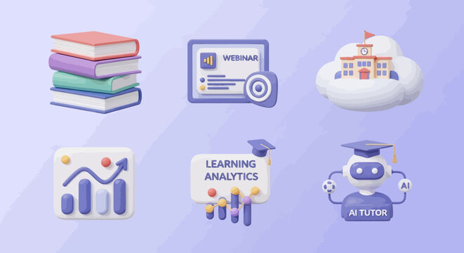 A collection of 3D rendered icons representing education, learning, and technology, featuring books, charts, and an AI tutor.