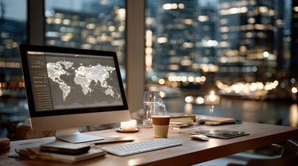Poster - Sleek monitor shows interactive map with global networks, highlighting high-tech workspace against a city skyline at night