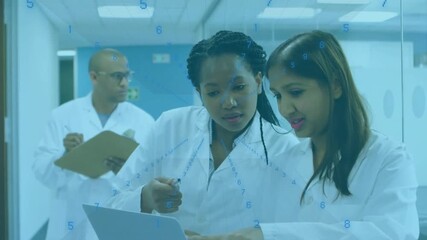 Poster - Lab scientists approaching laptop reviewing numeric graphics while colleague entering jotting notes