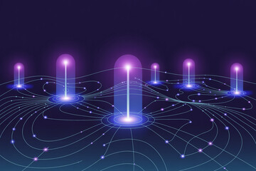 Fototapete - Futuristic digital network with glowing data streams and interconnected nodes