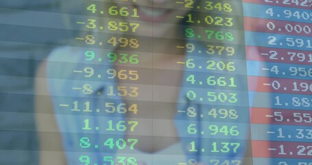 Poster - Woman tapping smartphone and scrolling transparent overlay updating stock data during market review