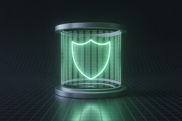 Fototapete - Futuristic neon shield protected inside a digital containment cylinder