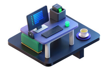 Fototapete - Isometric 3d rendering of a modern computer desk setup with monitor keyboard and accessories