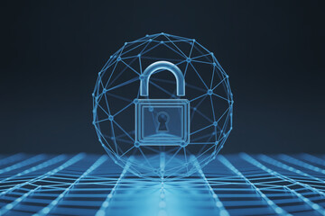 Aufkleber - Digital padlock secured within a glowing blue network sphere on a futuristic grid background