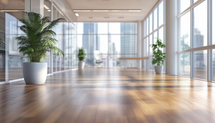 Poster - Blurred Image Of Contemporary Office Interior With Expansive Windows And Shiny Hardwood Flooring. Defocused Photograph Of Bright And Spacious Workspace.