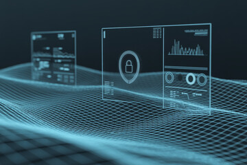Poster - Futuristic holographic interface displaying data and charts over a glowing digital grid network