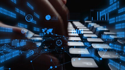 Fototapete - A captivating visual depicting a keyboard intertwined with vibrant digital graphics, representing modern data analysis, technology progression, and network connectivity. Xenic