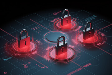 Aufkleber - Digital security concept with glowing red locks on a futuristic circuit board