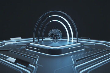 Fototapete - Futuristic glowing orb with intricate metal structure encased in a glass dome on a sci fi platform