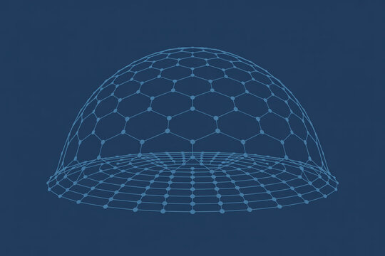 Abstract geometric dome structure with hexagonal patterns and glowing blue lines on a dark background