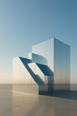 Poster - A modern architectural structure with an abstract design, featuring geometric shapes and reflective surfaces, captured under a clear blue sky.
