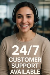 Poster - An empowered female representative ready to provide customer support, she's wearing a headset and offers 24/7 customer support. Her smile promises dedication and effective solutions.