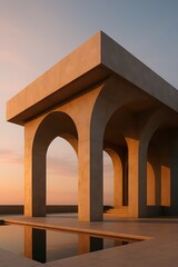 Poster - An awe-inspiring architectural marvel stands serenely against a twilight canvas, with repeating archways creating a mesmerizing display of symmetry and structure.