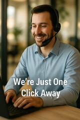 Poster - A supportive customer service representative smiles warmly, readily available to assist with a professional headset, embodying excellent communication and support.