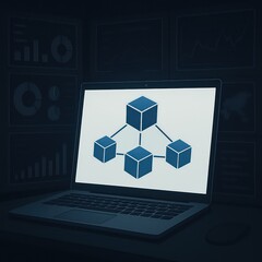 Poster - A modern laptop displays a conceptual digital block diagram, hinting at the cutting edge of technological advancements, data processing, and innovative solutions.