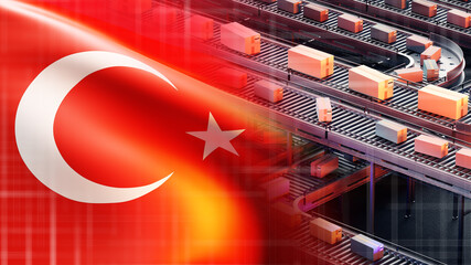 Poster - Conveyor with boxes in turkey. Production line with parcels. Flag of turkey. Boxes are moving along multi-level conveyor. Concept production of goods in turkey. Automated conveyor line. 3d image
