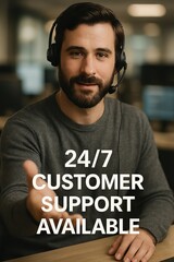 Poster - A customer service representative with headset extending a helpful hand in a supportive and service-oriented. Offering around-the-clock assistance. customer support service