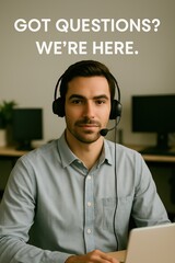 Poster - A helpful support specialist, wearing a headset, provides attentive assistance to a client's needs, working to solve any issue. A professional support person at their workplace.