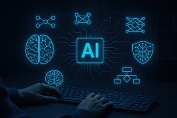 Poster - Intelligent digital interface of Artificial Intelligence, showcasing a user interacting with a glowing AI interface, representing technological advancements.