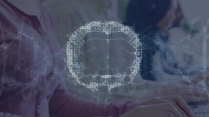 Poster - Customer support agents typing and activating pulsating AI brain overlay guiding team collaboration