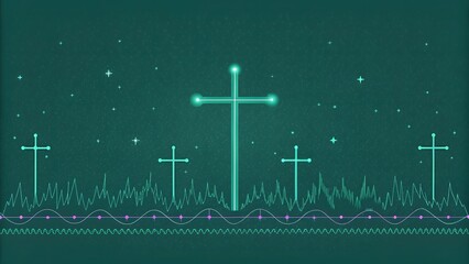 Aufkleber - Neon crosses and grass with stars on a dark green background in a digital art style design