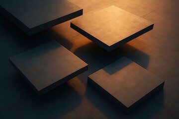 Poster - A minimalist, futuristic abstract design. Four stone squares, seemingly levitating, and bathed in a dramatic display of light and shadow.