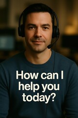 Poster - A focused man wearing a headset poses for the camera, his gaze inviting as he embodies the spirit of customer service. The text below offers a warm welcome. customer support service