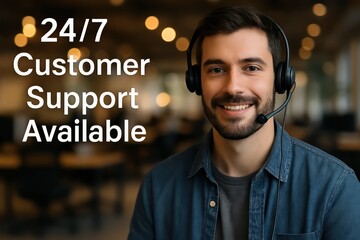 Poster - A friendly support agent, wearing a headset, radiates approachability, and stands ready to provide continuous customer assistance around the clock. customer support service