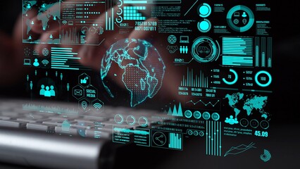 Poster - Data center monitoring dashboard visualize network performance, connection status, usage rate, and telecommunication insight. Data center monitoring efficiency improvement network transparency. Thunk