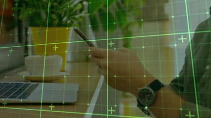 Poster - man tapping smartphone and scrolling through business updates while green grid animating