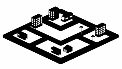 Leinwandbilder - Isometric view of a stylized city with buildings roads and streetlights in black and white design style