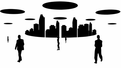 Leinwandbilder - Black and white cityscape silhouette with people and floating dark circles in the sky above them all