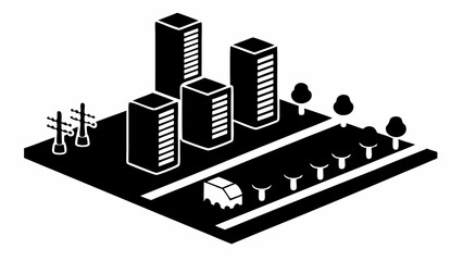 Leinwandbilder - Isometric view of city with buildings trees road and vehicle in black and white illustration