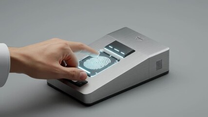 Poster - A man's hand touching a futuristic fingerprint scanner device. Biometric security authentication concept for secure access. Digital technology footage.