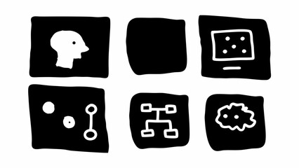 Poster - Six black squares each containing a different white icon including a head and a network diagram icon