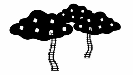 Poster - Two abstract black trees with white square accents and wavy ladder trunks in monochrome style