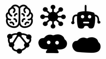 Poster - Collection of abstract black icons including a brain network virus robot and cloud shapes on white