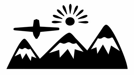 Poster - Airplane flying over snowy mountains with sun shining in the sky in black and white simple design