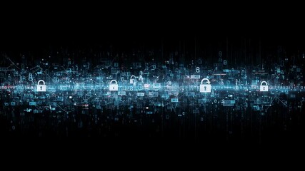 Aufkleber - Digital security lock icons and data flow on abstract dark background. Cyber defense concept. Secure network footage.