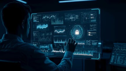 Poster - Man interacting with digital holographic screen. Data analysis and cybersecurity concept. Futuristic technology for data protection footage.