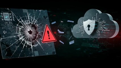 Poster - Broken electronic circuit board next to cloud data with security shield. Cybersecurity threat and data breach footage.