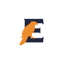 Poster - Majestic Falcon Perched on Bold Initial Letter E Emblematic Design