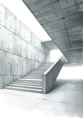 Poster - Modern Architectural Staircase Design - A minimalist depiction of a concrete staircase in a bright, airy space showcasing contemporary architecture and clean lines
