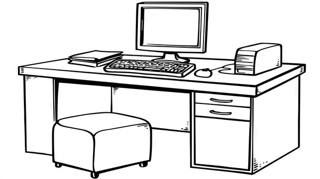 Simple black and white drawing of an office desk with computer