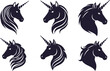 © Bundle Done - Vector art of collection of dark blue unicorn head silhouettes isolated on white background in various styles