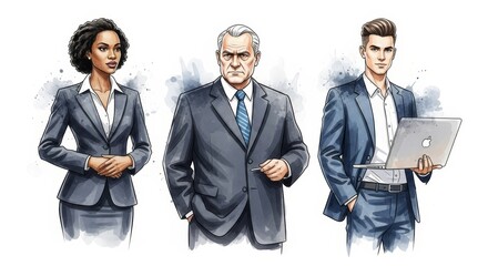 Poster - Professional Team in Business Attire - A stylish illustration of three professionals in business suits, showcasing diversity and expertise in a corporate setting