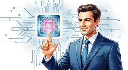 Poster - Professional Man Interacting with AI Technology - A professional man in a suit engaging with artificial intelligence technology, showcasing innovation and modernity in a landscape